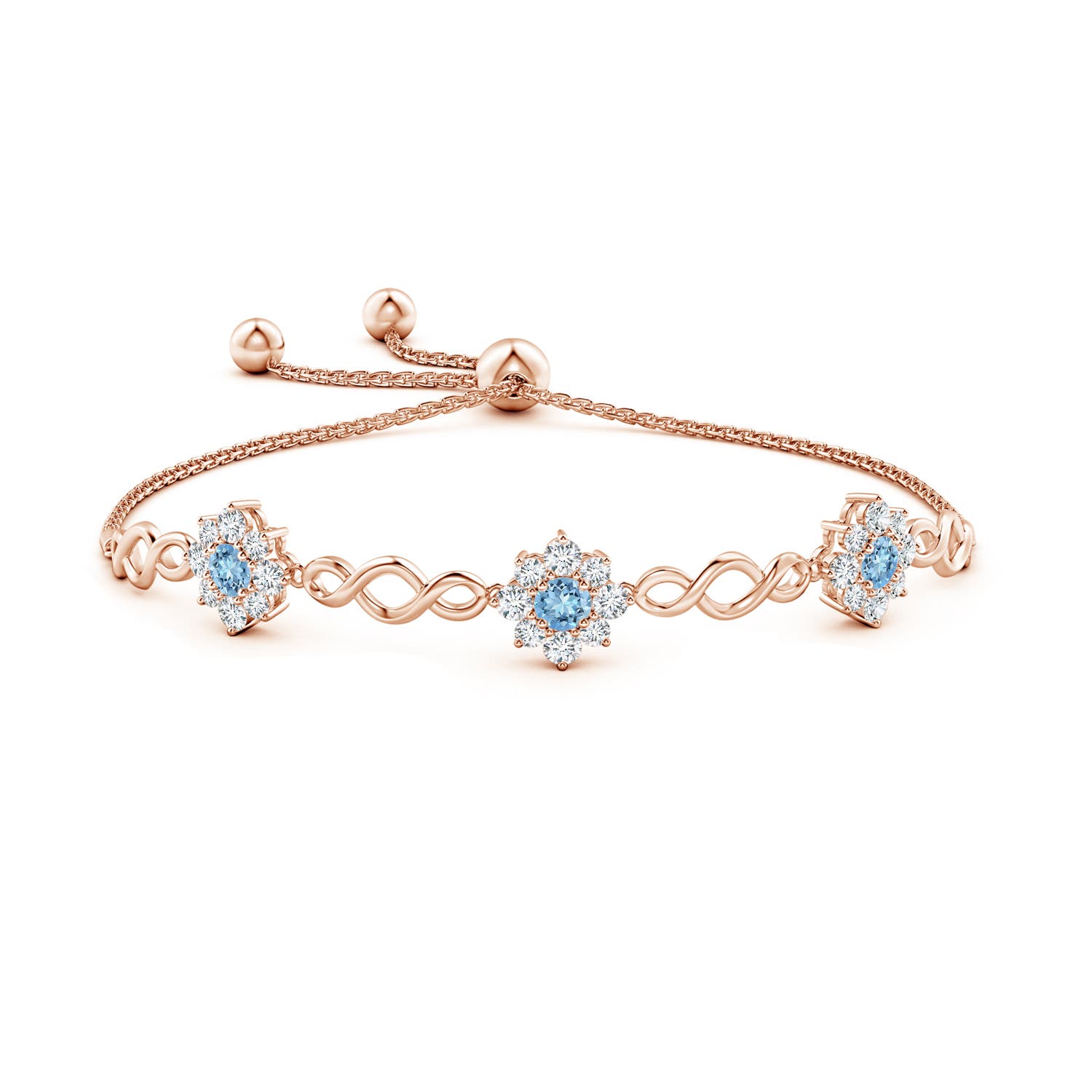 4mm AAAA Infinity Aquamarine Station Bolo Bracelet with Floral Halo in Rose Gold