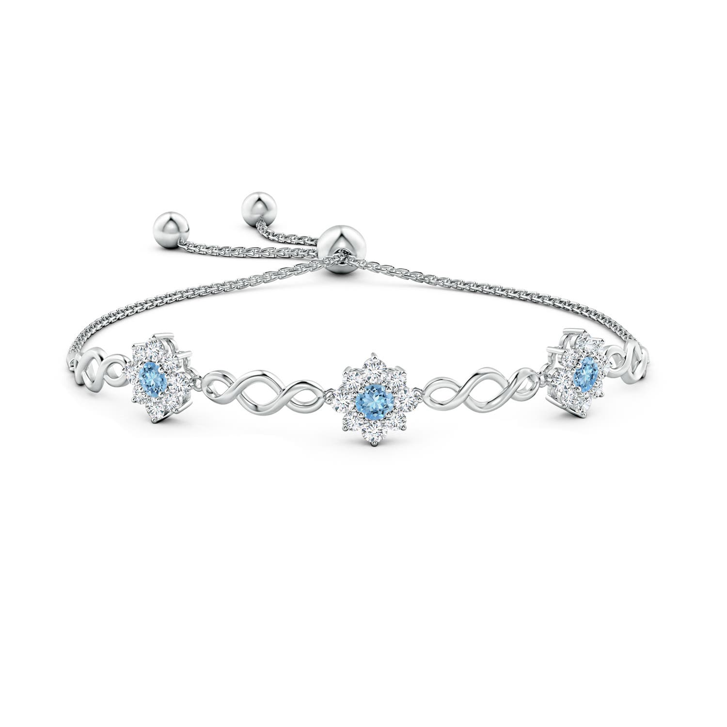 4mm AAAA Infinity Aquamarine Station Bolo Bracelet with Floral Halo in White Gold