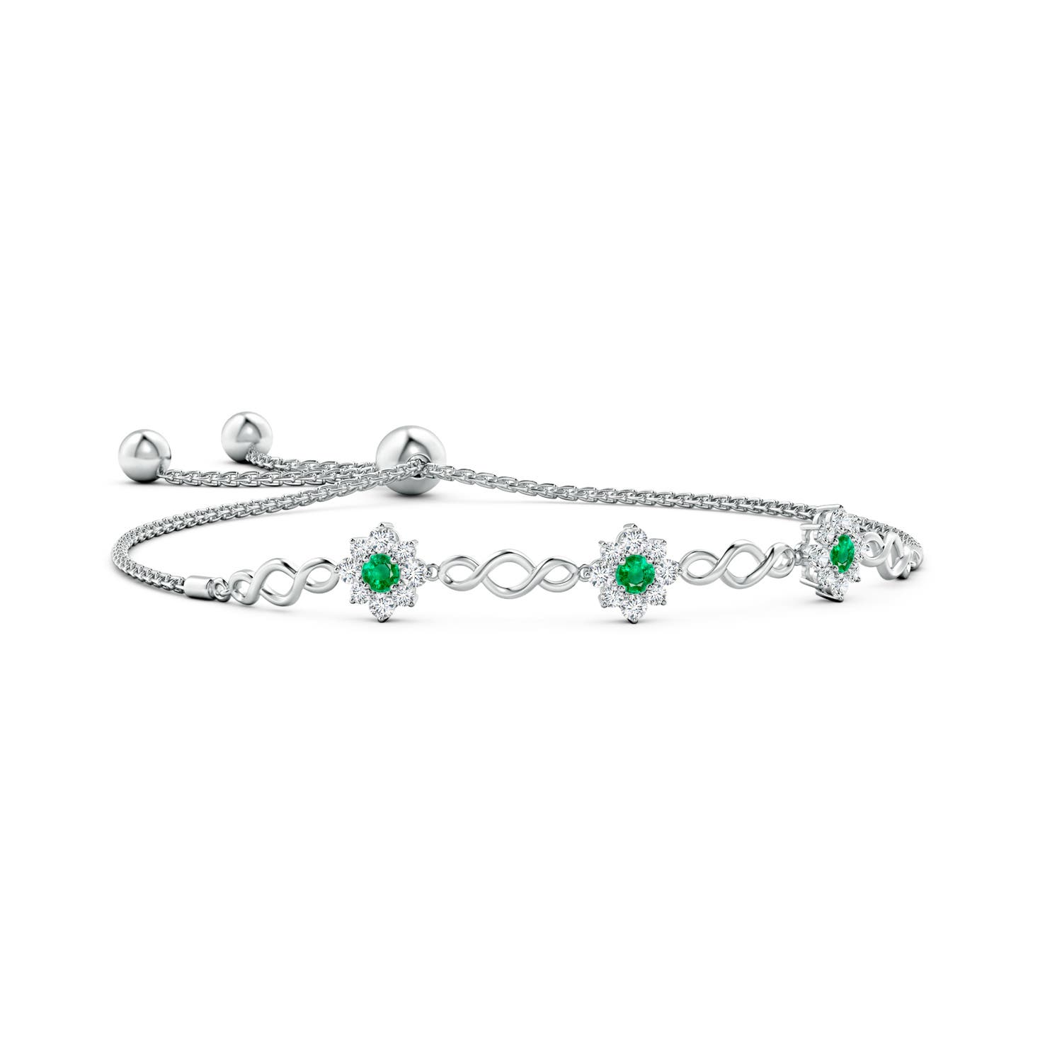 3mm AAA Infinity Emerald Station Bolo Bracelet with Floral Halo in White Gold