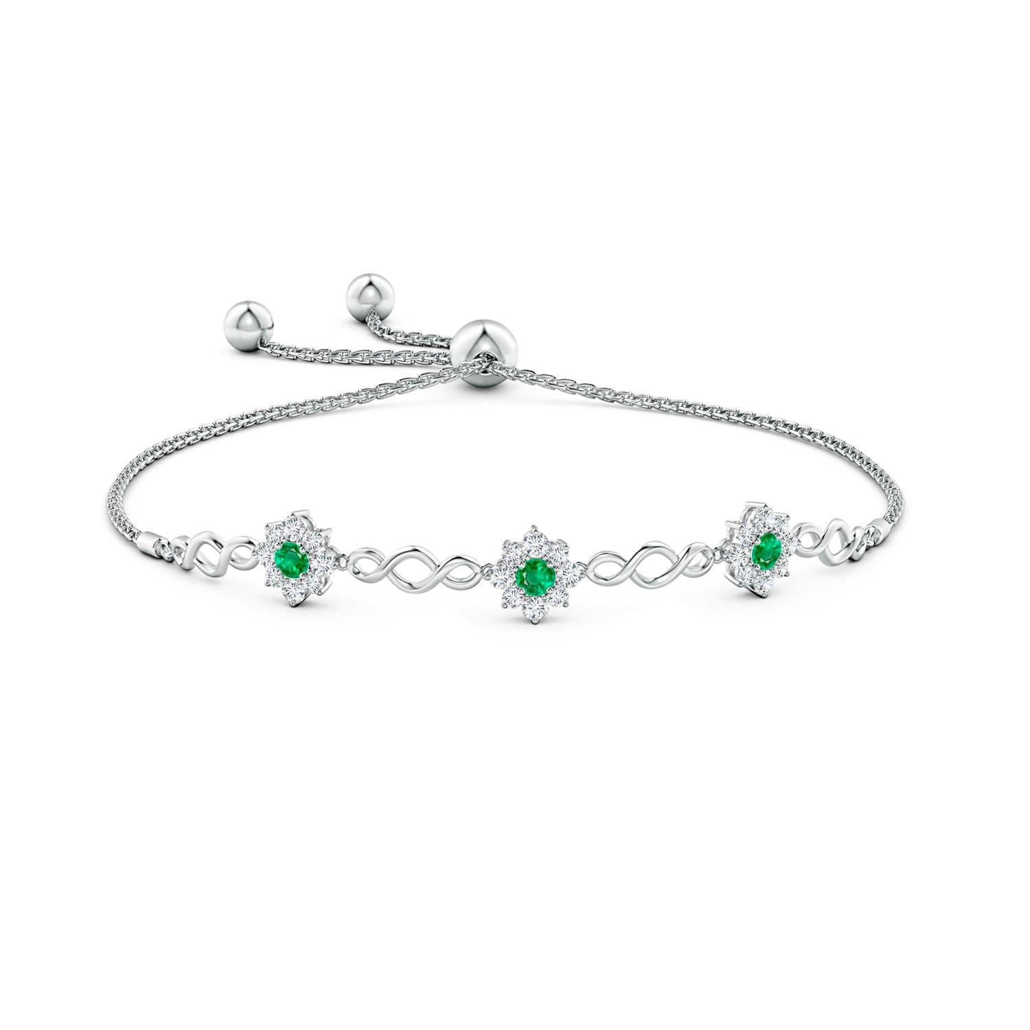 3mm AAA Infinity Emerald Station Bolo Bracelet with Floral Halo in White Gold