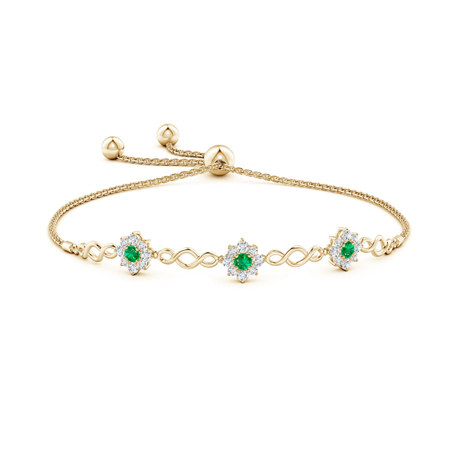 3mm AAA Infinity Emerald Station Bolo Bracelet with Floral Halo in Yellow Gold