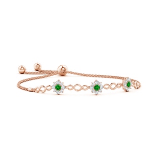 3mm AAAA Infinity Emerald Station Bolo Bracelet with Floral Halo in Rose Gold