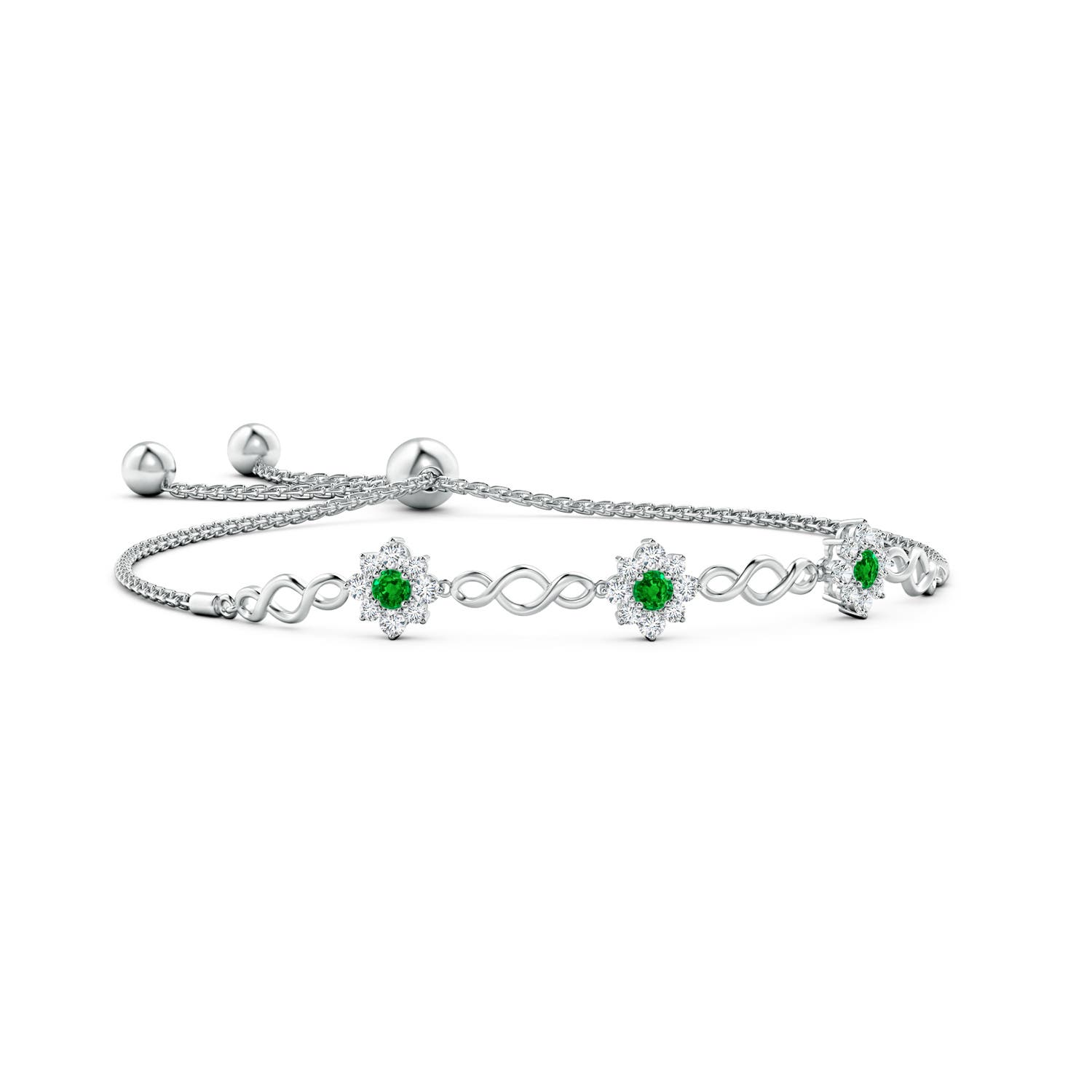 3mm AAAA Infinity Emerald Station Bolo Bracelet with Floral Halo in White Gold