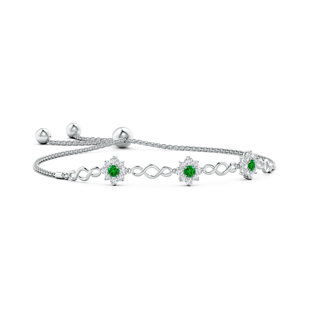 3mm AAAA Infinity Emerald Station Bolo Bracelet with Floral Halo in White Gold