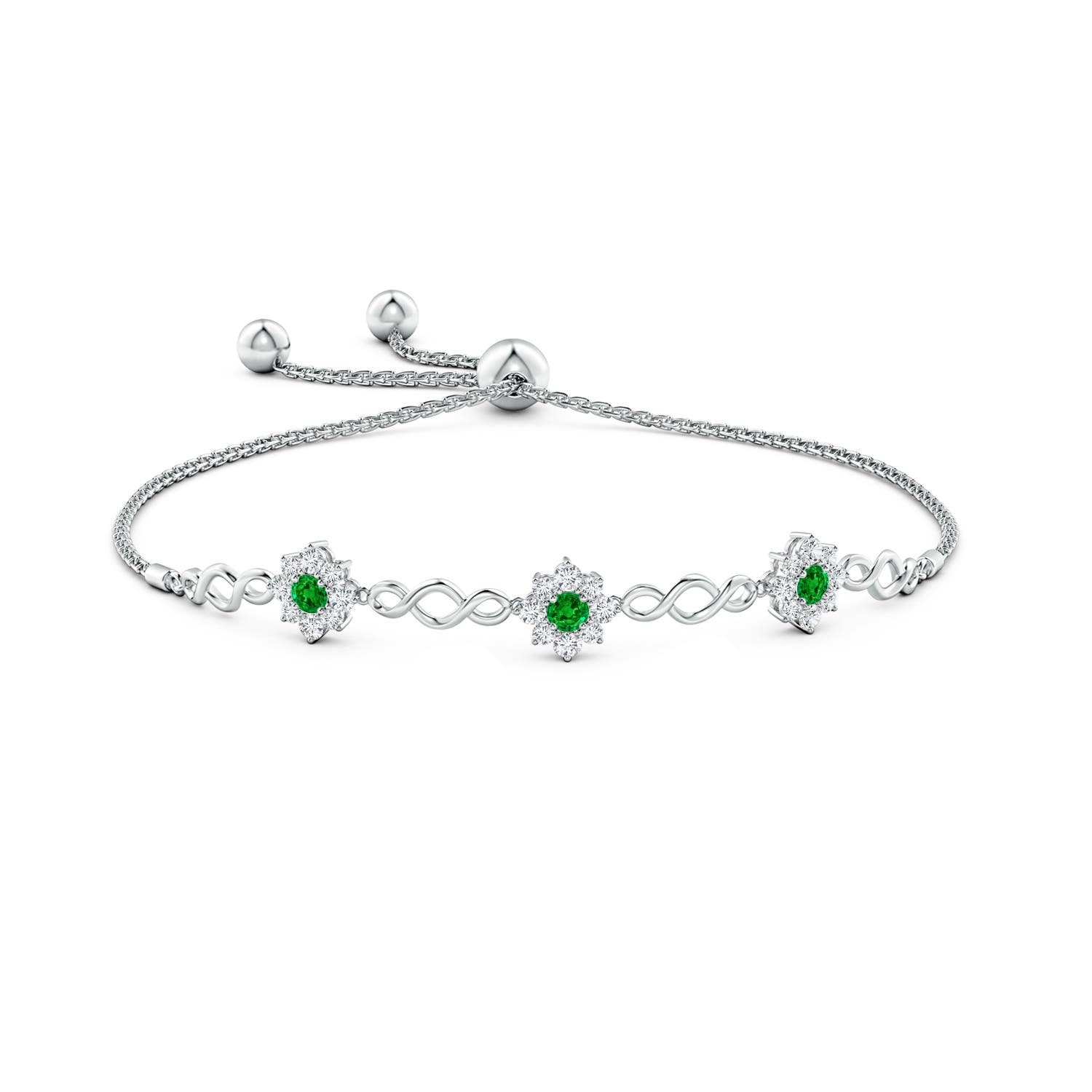 3mm AAAA Infinity Emerald Station Bolo Bracelet with Floral Halo in White Gold