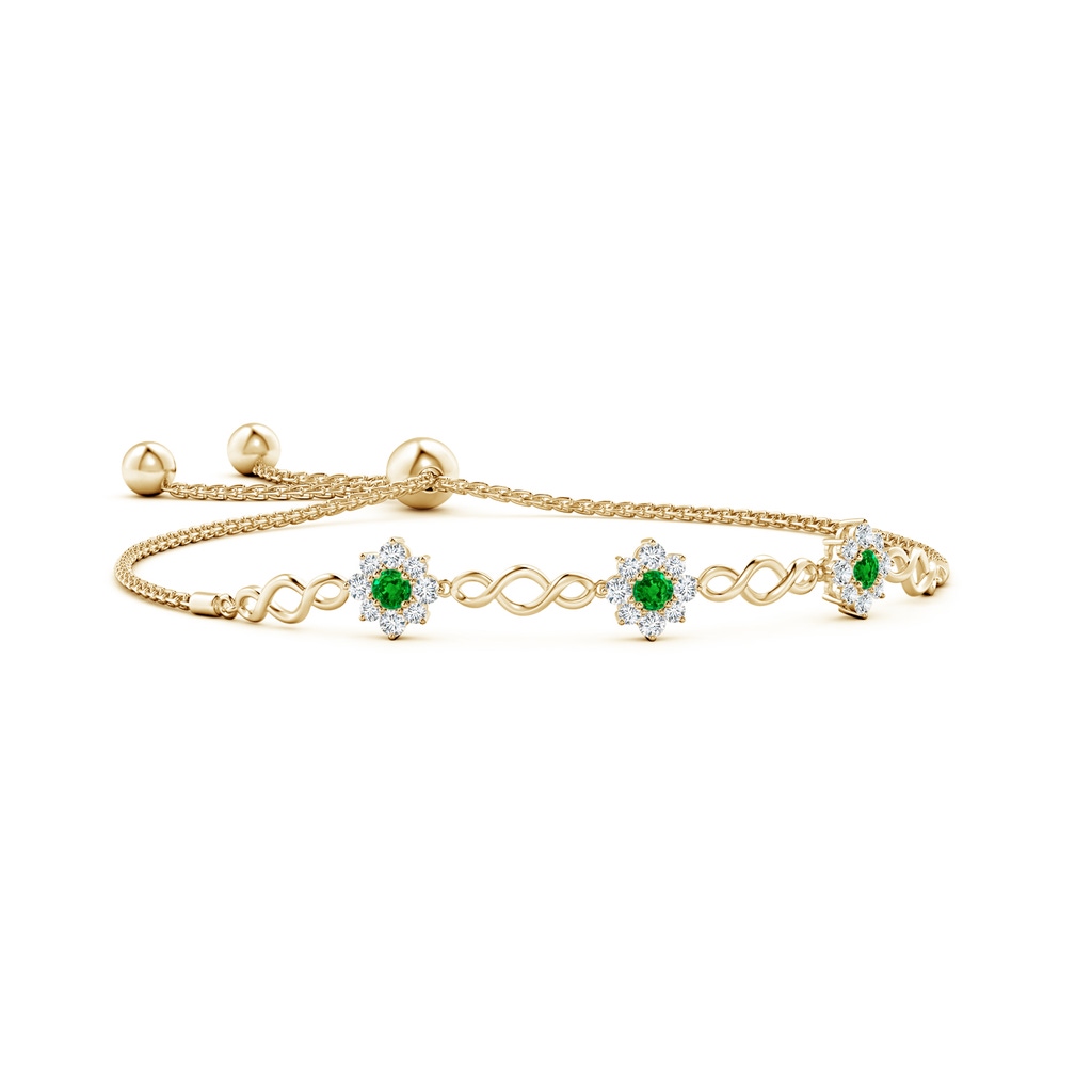 3mm AAAA Infinity Emerald Station Bolo Bracelet with Floral Halo in Yellow Gold