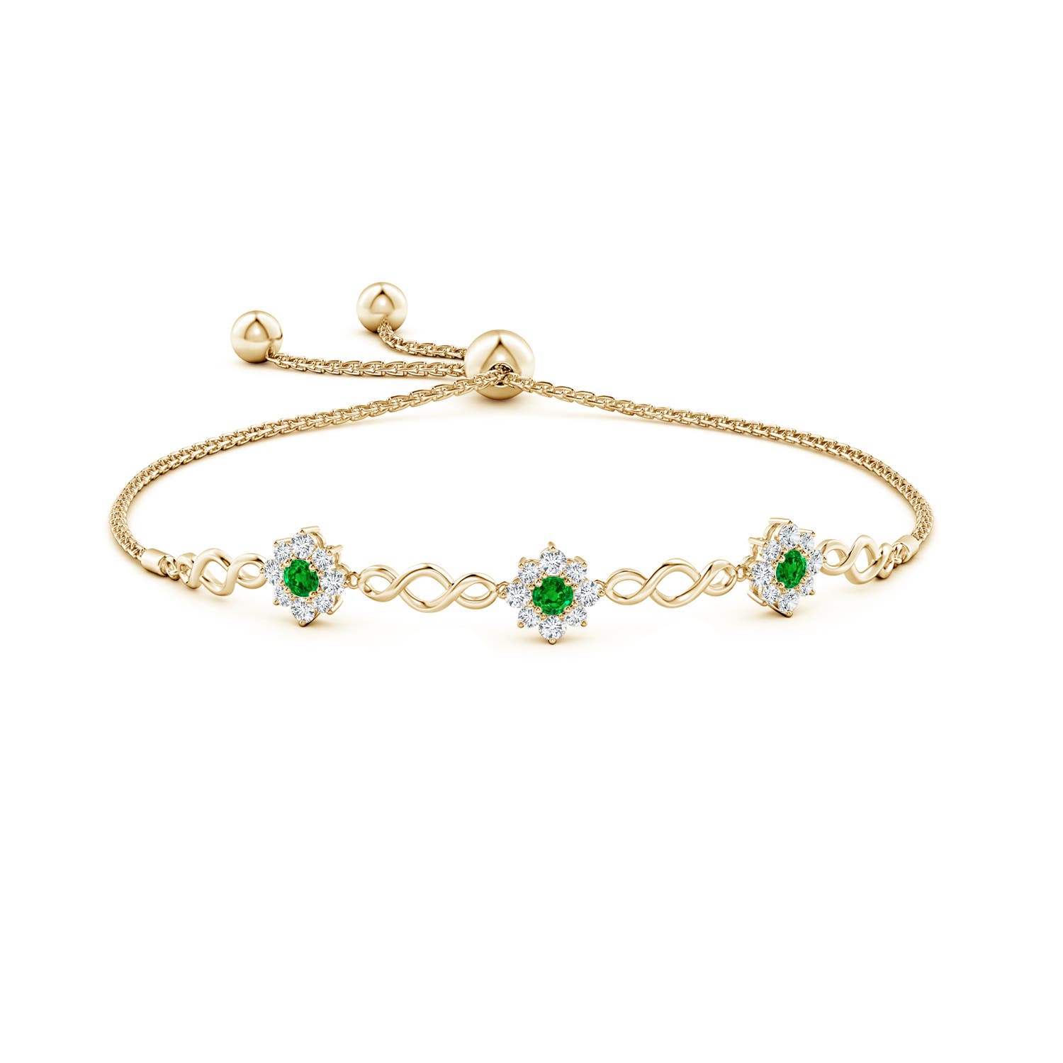 3mm AAAA Infinity Emerald Station Bolo Bracelet with Floral Halo in Yellow Gold