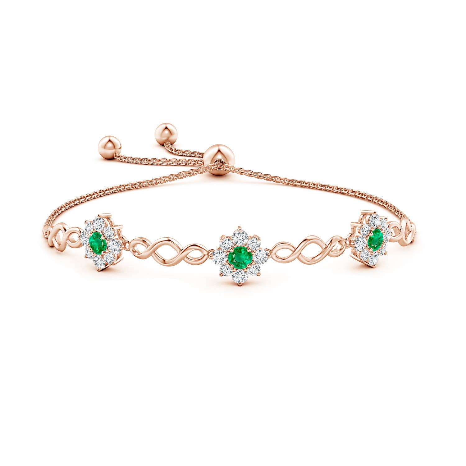 4mm AAA Infinity Emerald Station Bolo Bracelet with Floral Halo in Rose Gold