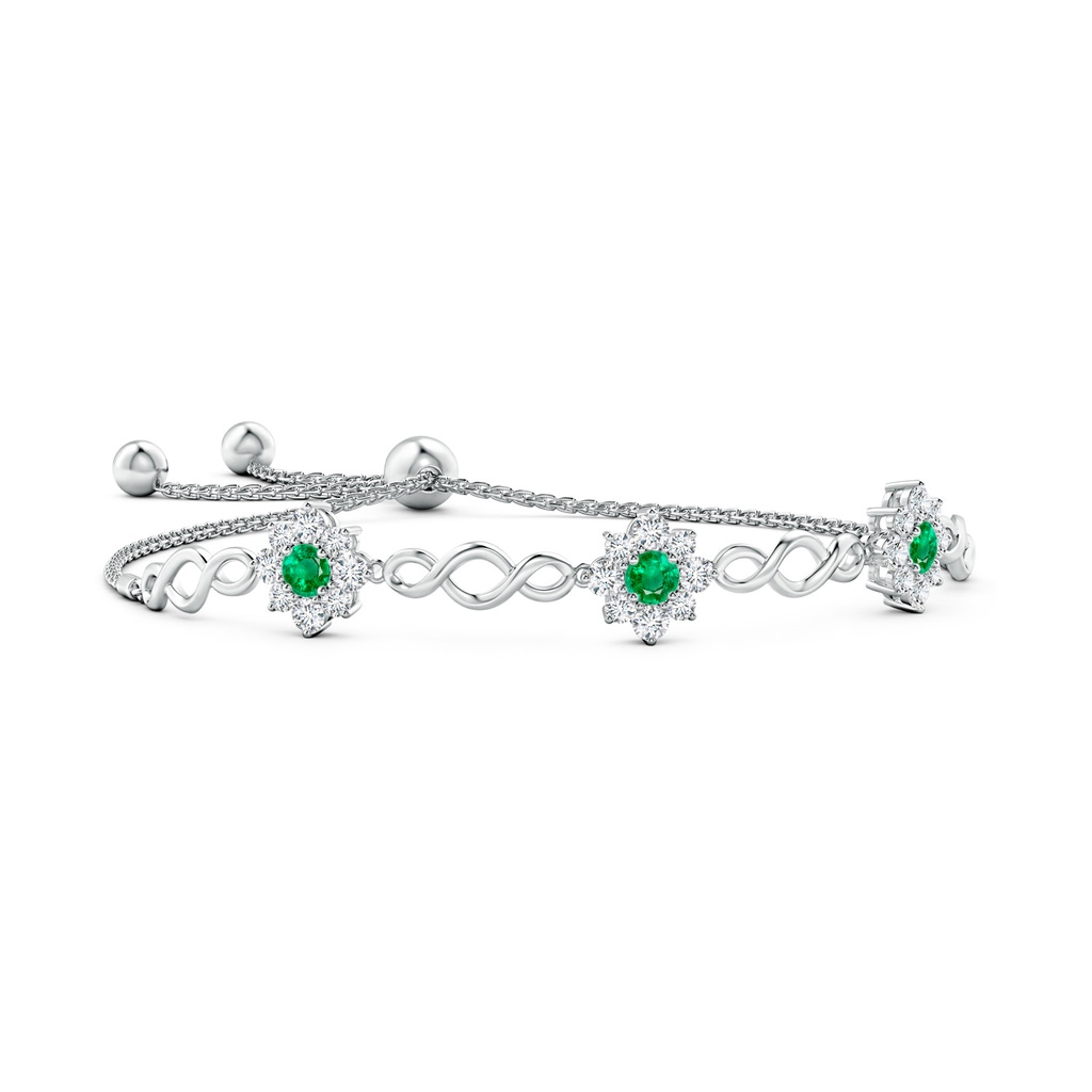 4mm AAA Infinity Emerald Station Bolo Bracelet with Floral Halo in White Gold 