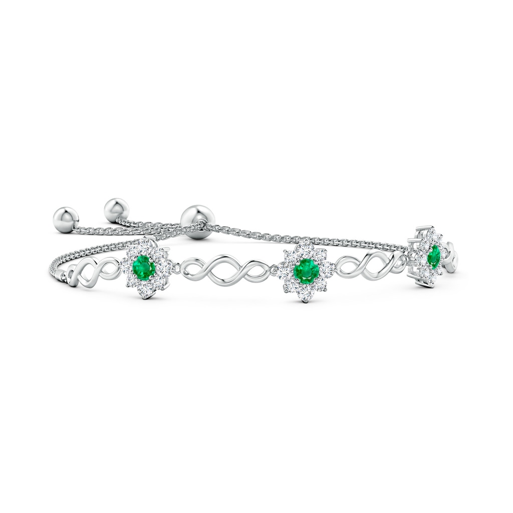 4mm AAA Infinity Emerald Station Bolo Bracelet with Floral Halo in White Gold
