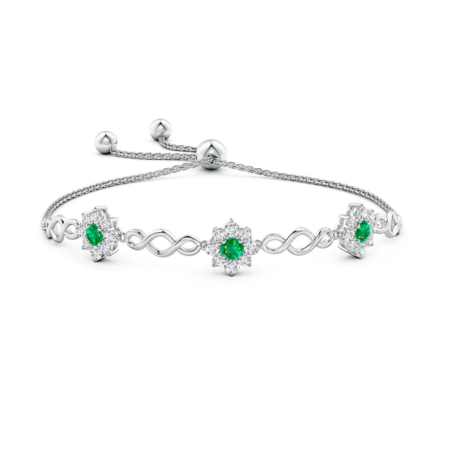 4mm AAA Infinity Emerald Station Bolo Bracelet with Floral Halo in White Gold - side 1