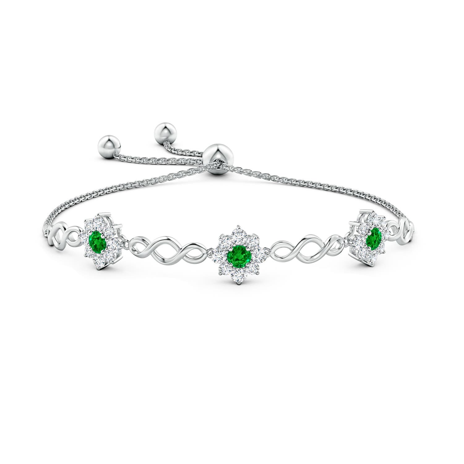4mm AAAA Infinity Emerald Station Bolo Bracelet with Floral Halo in White Gold
