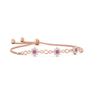 3mm AAA Infinity Pink Sapphire Station Bolo Bracelet with Floral Halo in Rose Gold