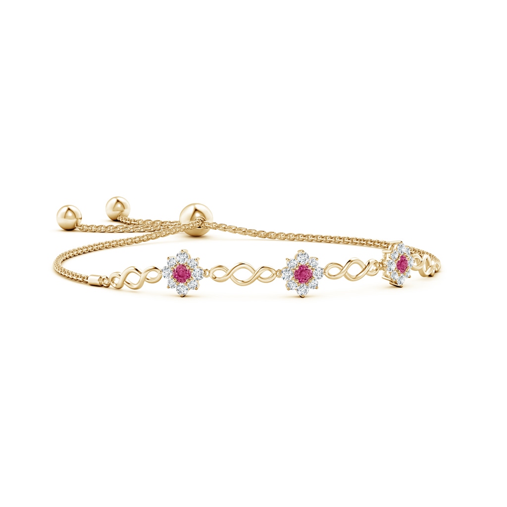 3mm AAAA Infinity Pink Sapphire Station Bolo Bracelet with Floral Halo in Yellow Gold