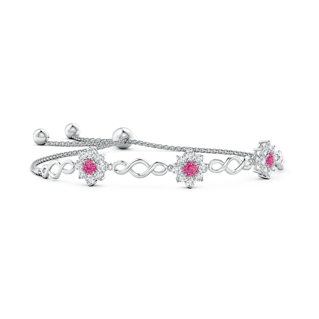 4mm AAA Infinity Pink Sapphire Station Bolo Bracelet with Floral Halo in White Gold