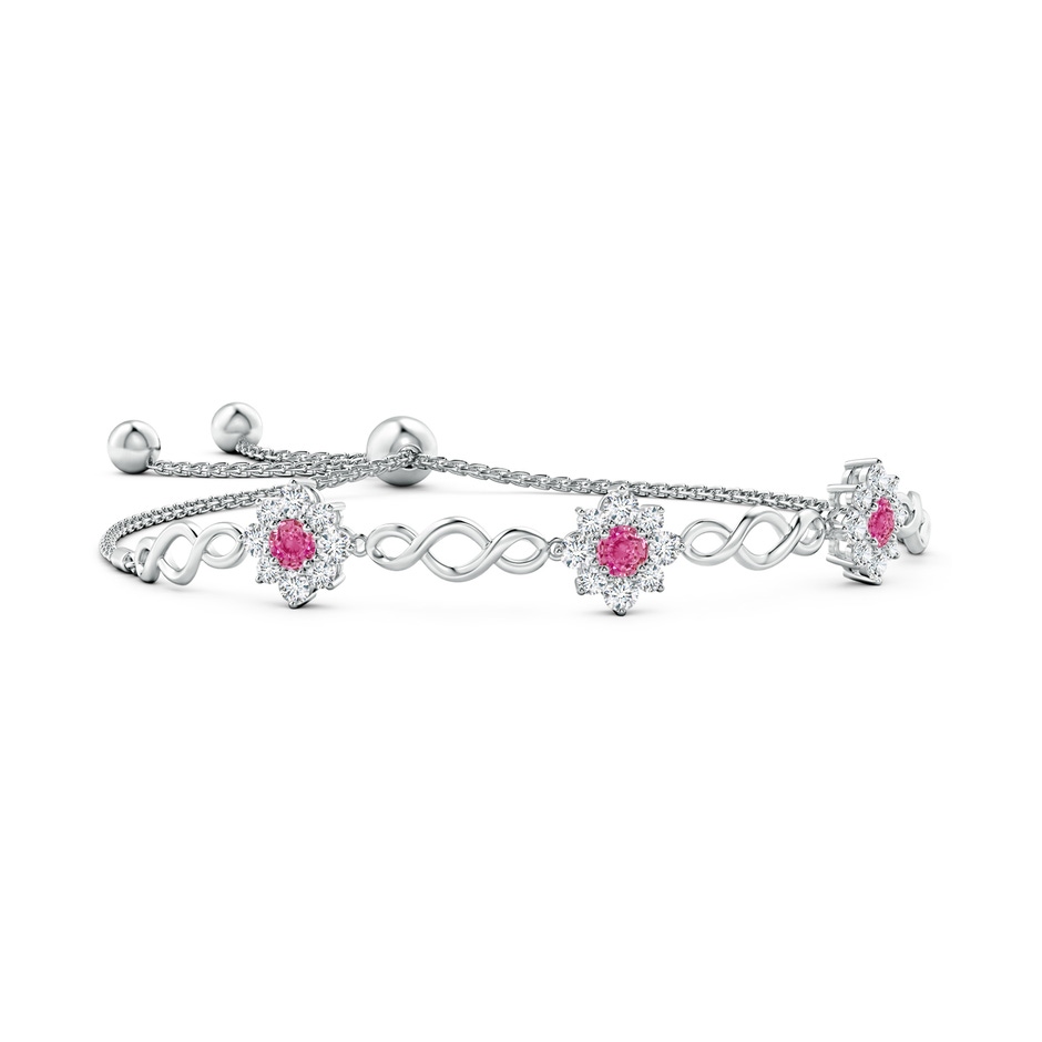 4mm AAA Infinity Pink Sapphire Station Bolo Bracelet with Floral Halo in White Gold 