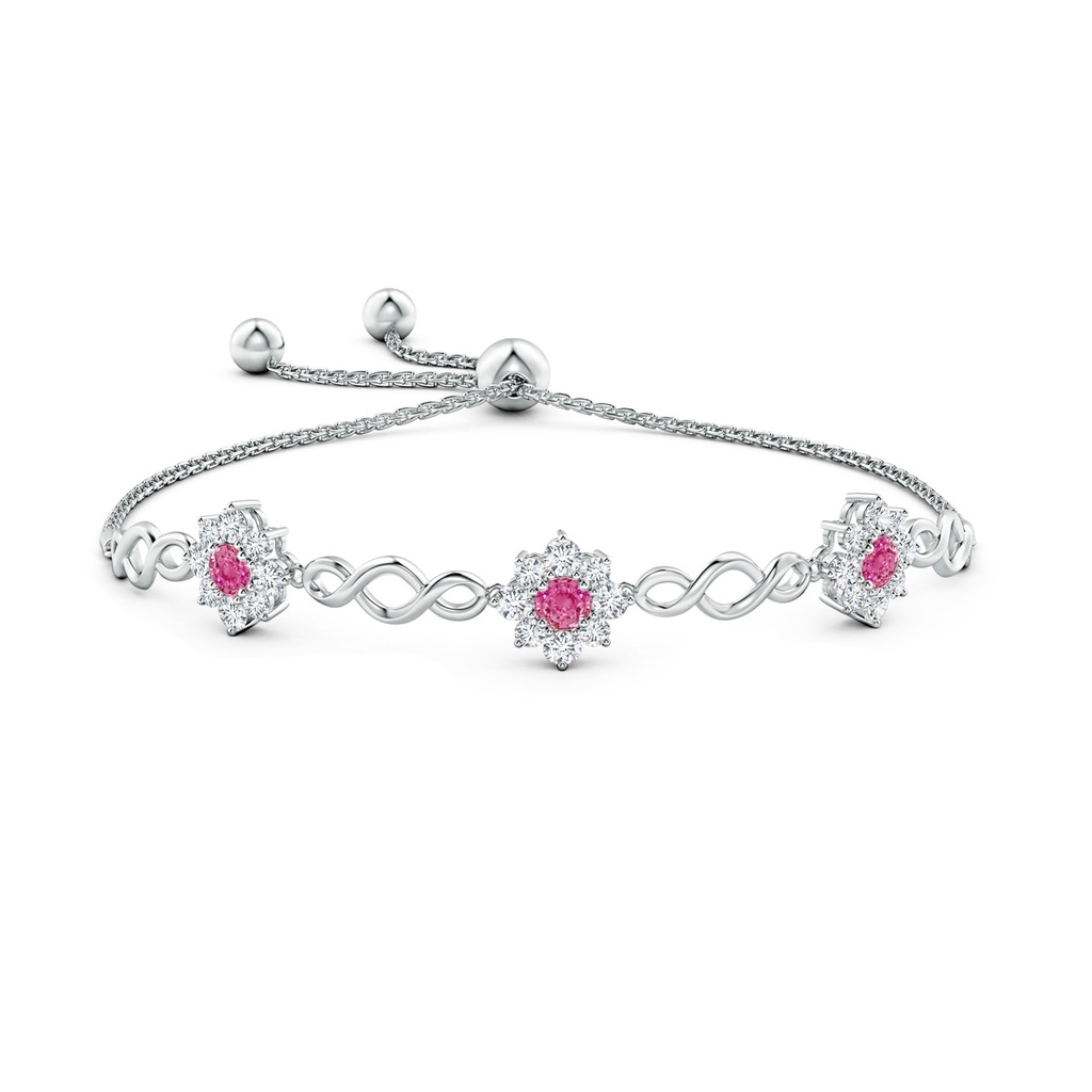 4mm AAA Infinity Pink Sapphire Station Bolo Bracelet with Floral Halo in White Gold Side-1