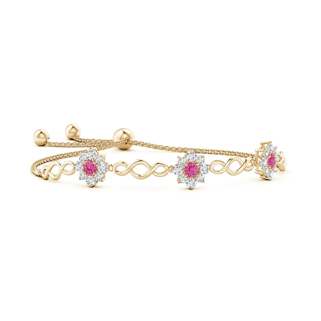 4mm AAA Infinity Pink Sapphire Station Bolo Bracelet with Floral Halo in Yellow Gold