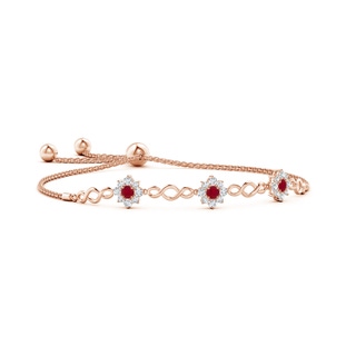 3mm AA Infinity Ruby Station Bolo Bracelet with Floral Halo in Rose Gold