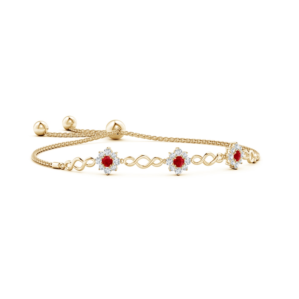 3mm AAA Infinity Ruby Station Bolo Bracelet with Floral Halo in Yellow Gold