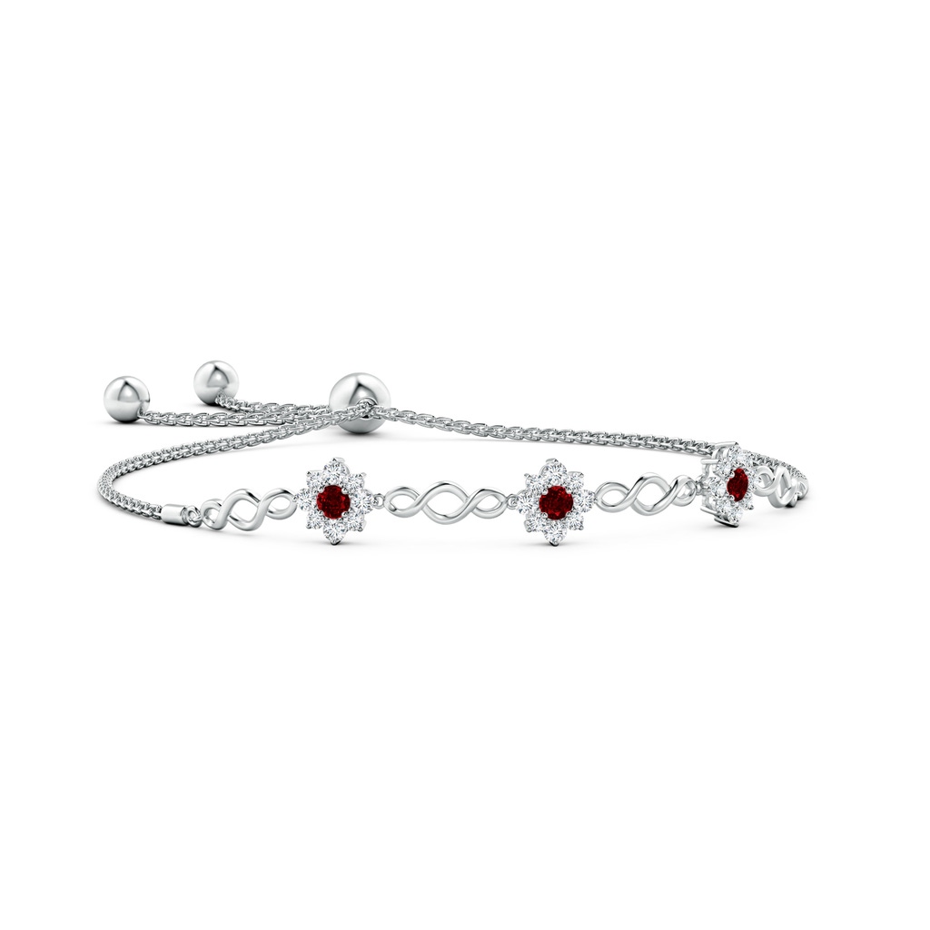 3mm Lab-Grown Infinity Ruby Station Bolo Bracelet with Floral Halo in White Gold