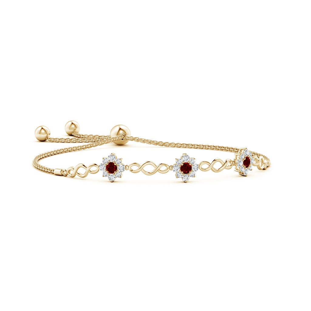 3mm AAAA Infinity Ruby Station Bolo Bracelet with Floral Halo in Yellow Gold