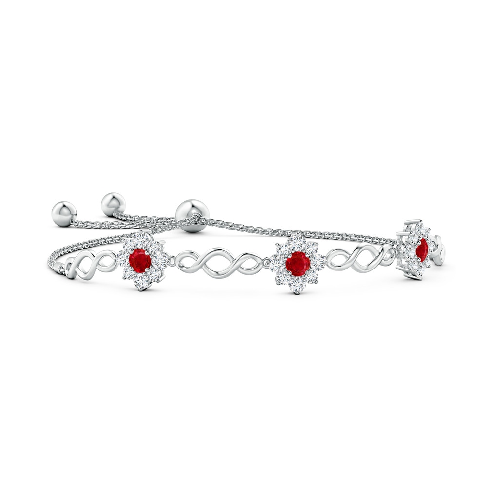 4mm AAA Infinity Ruby Station Bolo Bracelet with Floral Halo in White Gold