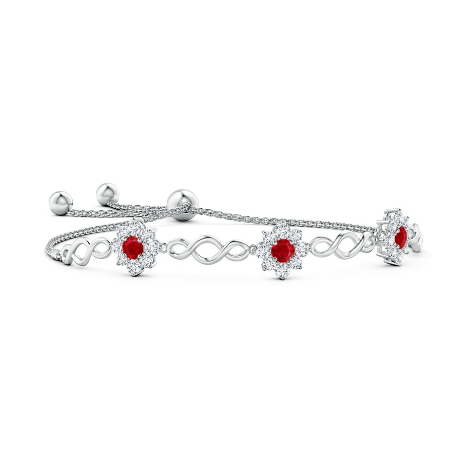 4mm AAA Infinity Ruby Station Bolo Bracelet with Floral Halo in White Gold 