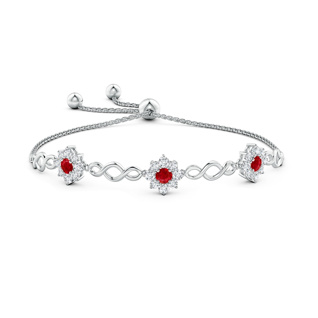 4mm AAA Infinity Ruby Station Bolo Bracelet with Floral Halo in White Gold Side-1