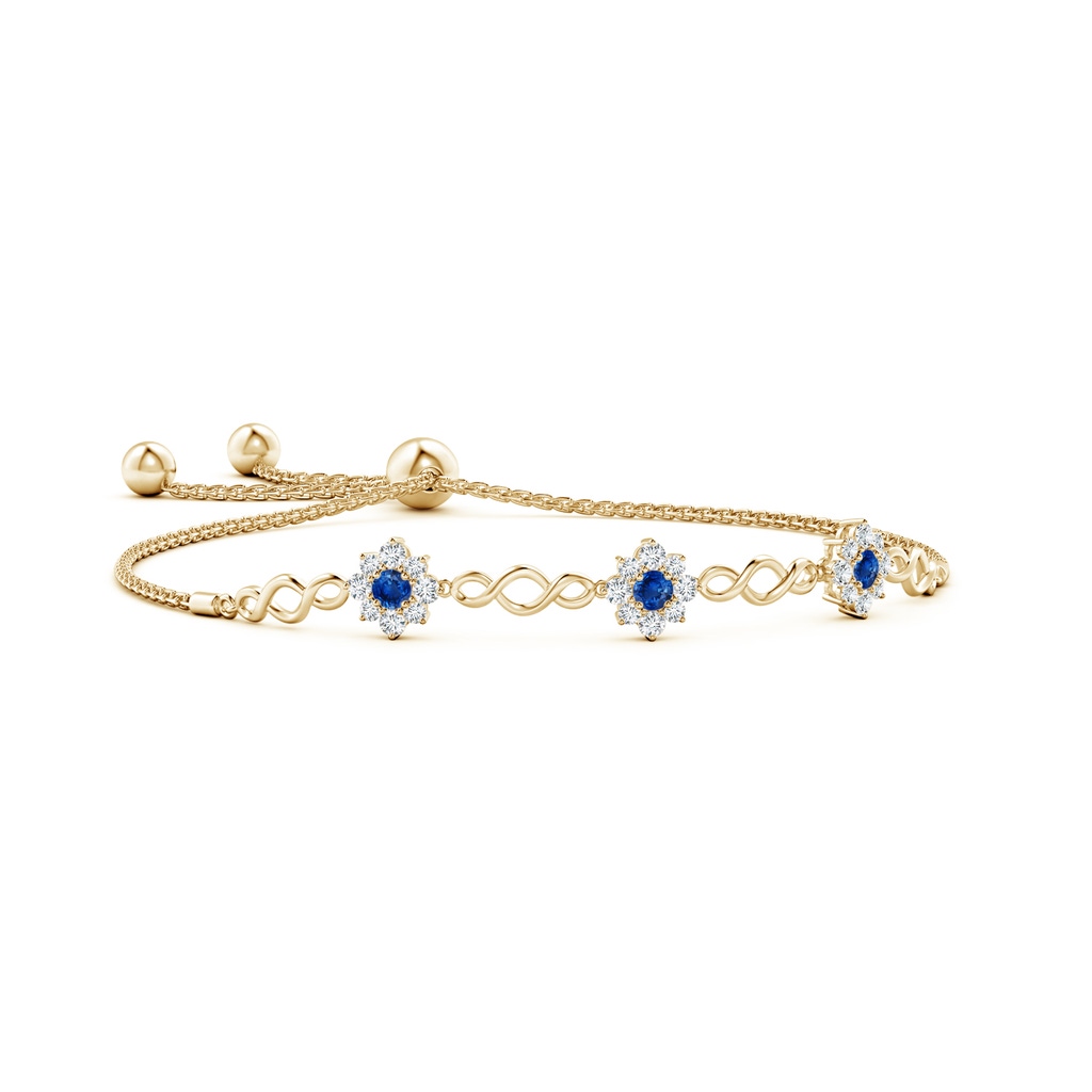 3mm AAA Infinity Sapphire Station Bolo Bracelet with Floral Halo in Yellow Gold