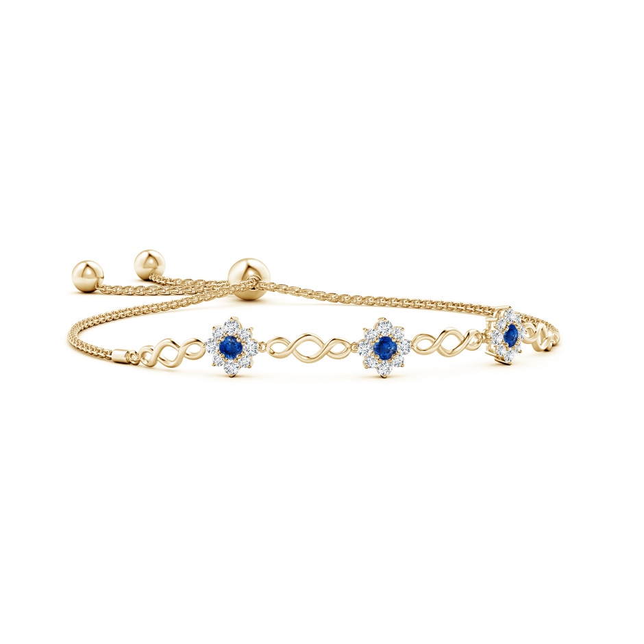 3mm AAA Infinity Sapphire Station Bolo Bracelet with Floral Halo in Yellow Gold 