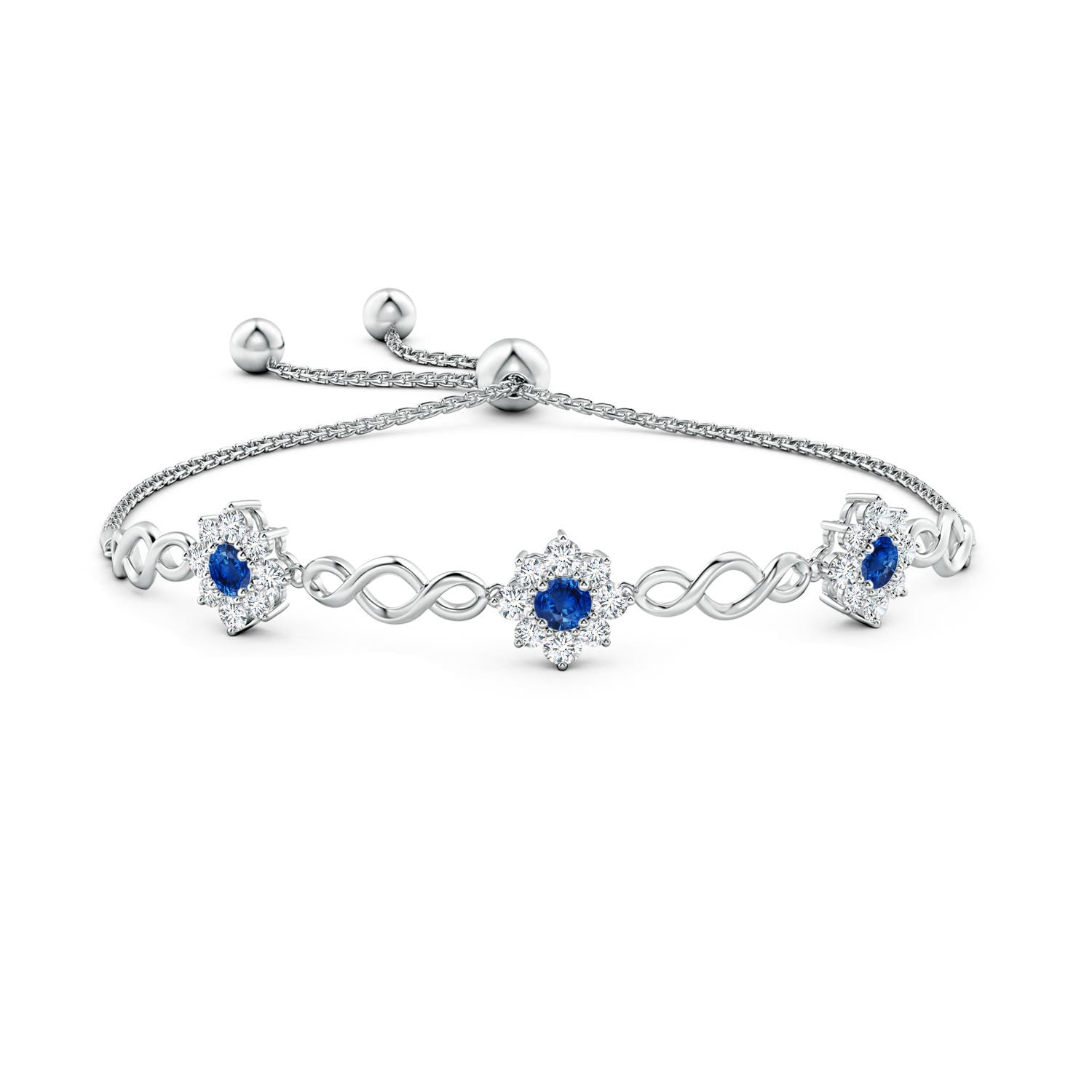 4mm AAA Infinity Sapphire Station Bolo Bracelet with Floral Halo in White Gold - side 1