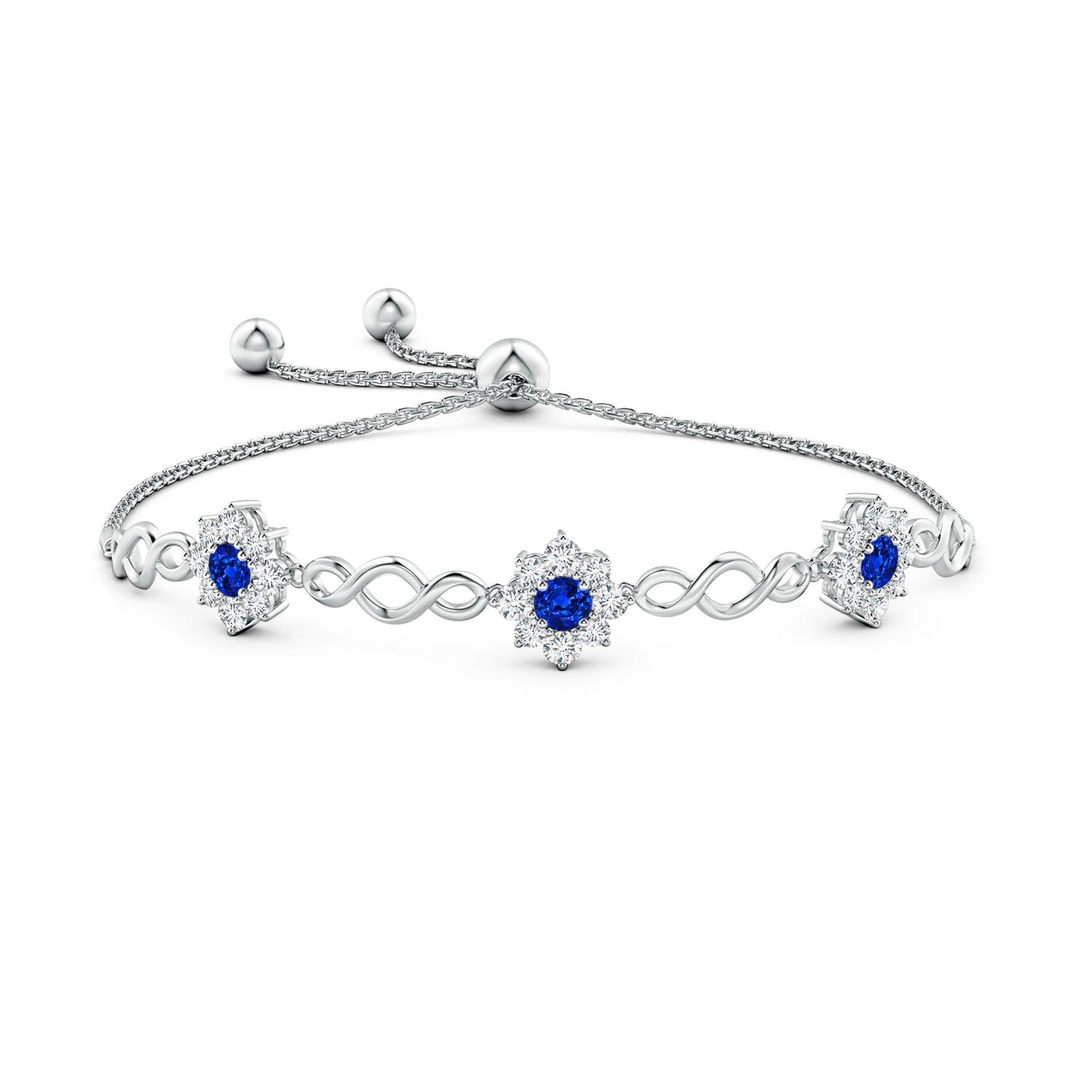 4mm AAAA Infinity Sapphire Station Bolo Bracelet with Floral Halo in White Gold