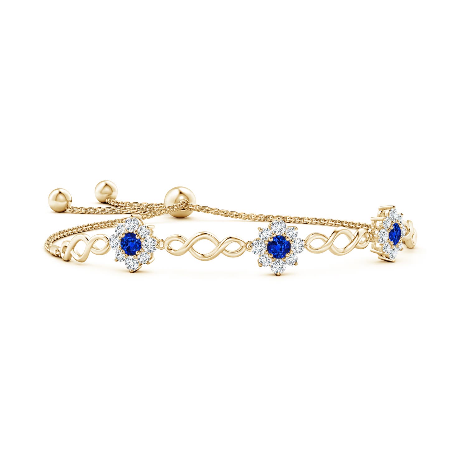 4mm AAAA Infinity Sapphire Station Bolo Bracelet with Floral Halo in Yellow Gold