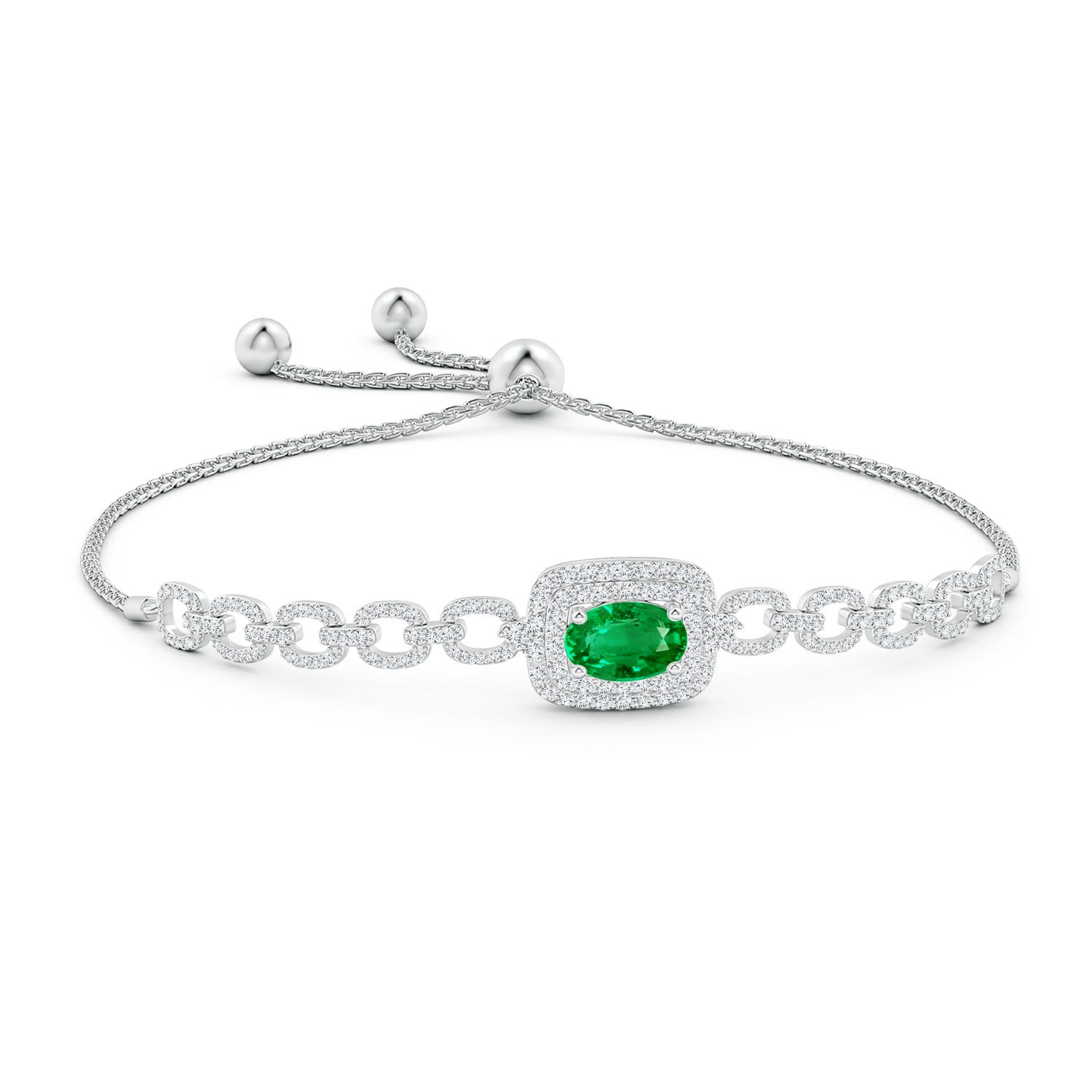 8x6mm AAA Oval Emerald and Diamond Chain Link Bolo Bracelet in White Gold