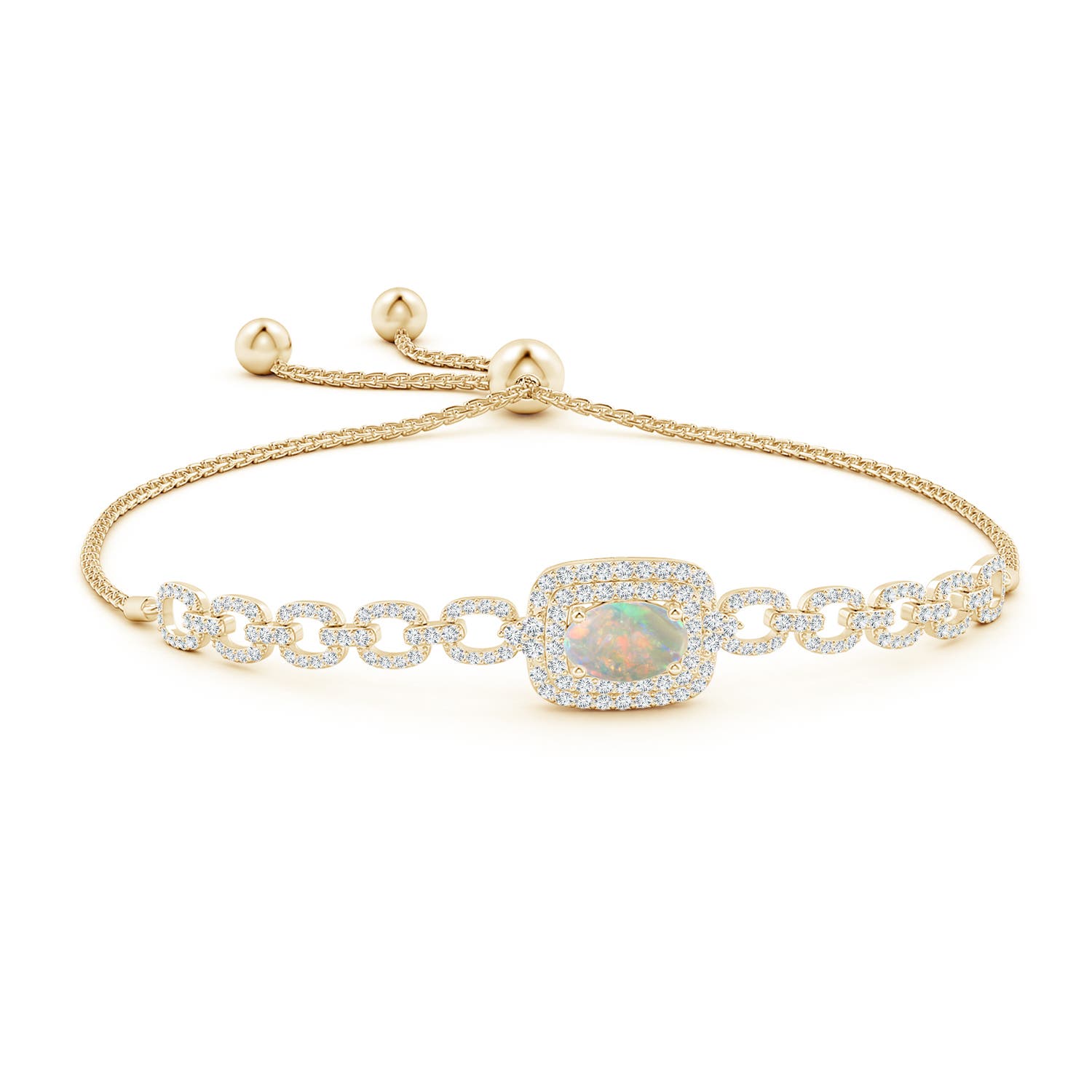 8x6mm AAAA Oval Opal and Diamond Chain Link Bolo Bracelet in Yellow Gold