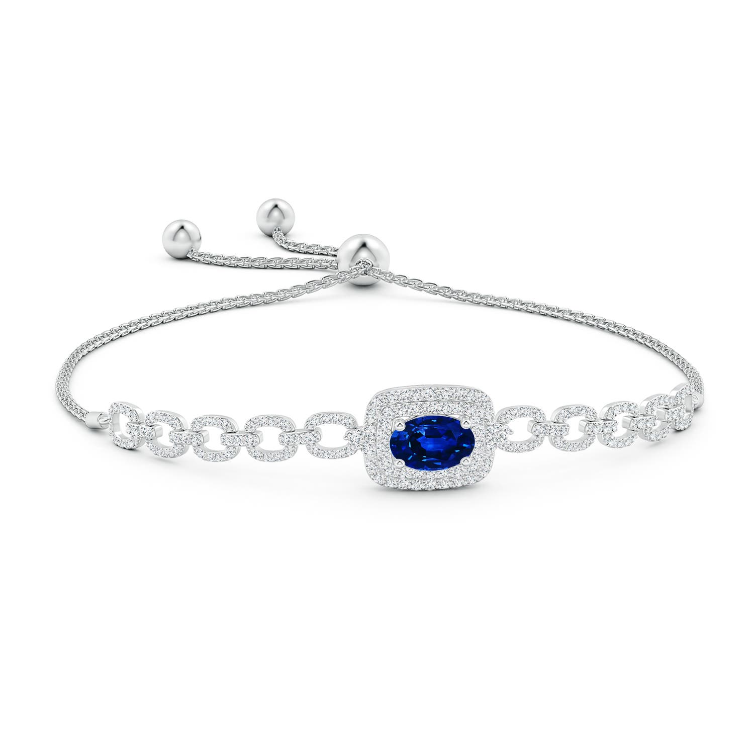 8x6mm AAAA Oval Sapphire and Diamond Chain Link Bolo Bracelet in White Gold