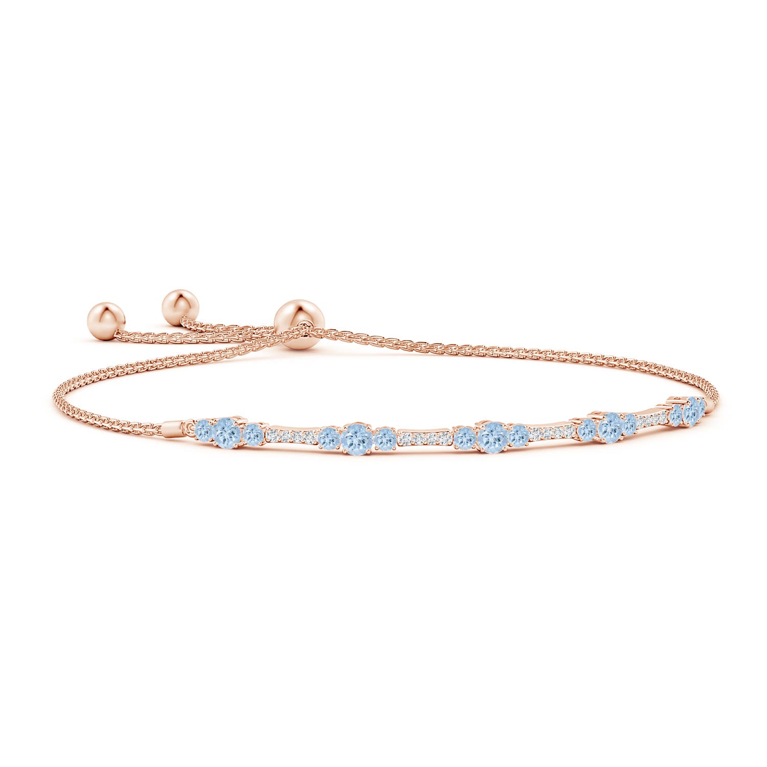 3.5mm AA Round Aquamarine and Diamond Bolo Bracelet in Rose Gold