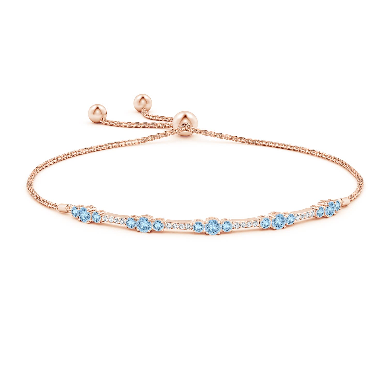3.5mm AAA Round Aquamarine and Diamond Bolo Bracelet in Rose Gold