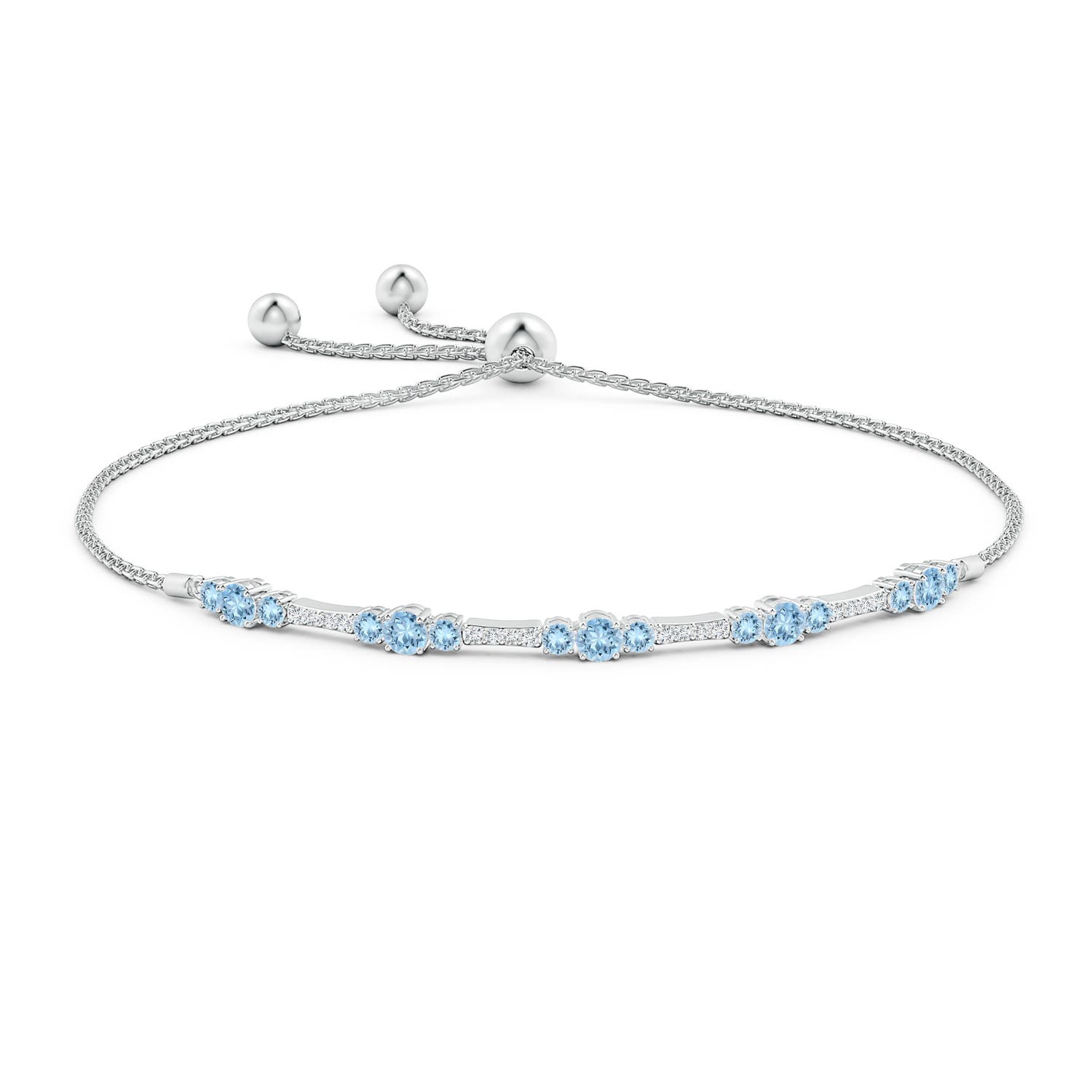 3.5mm AAA Round Aquamarine and Diamond Bolo Bracelet in White Gold - side 1