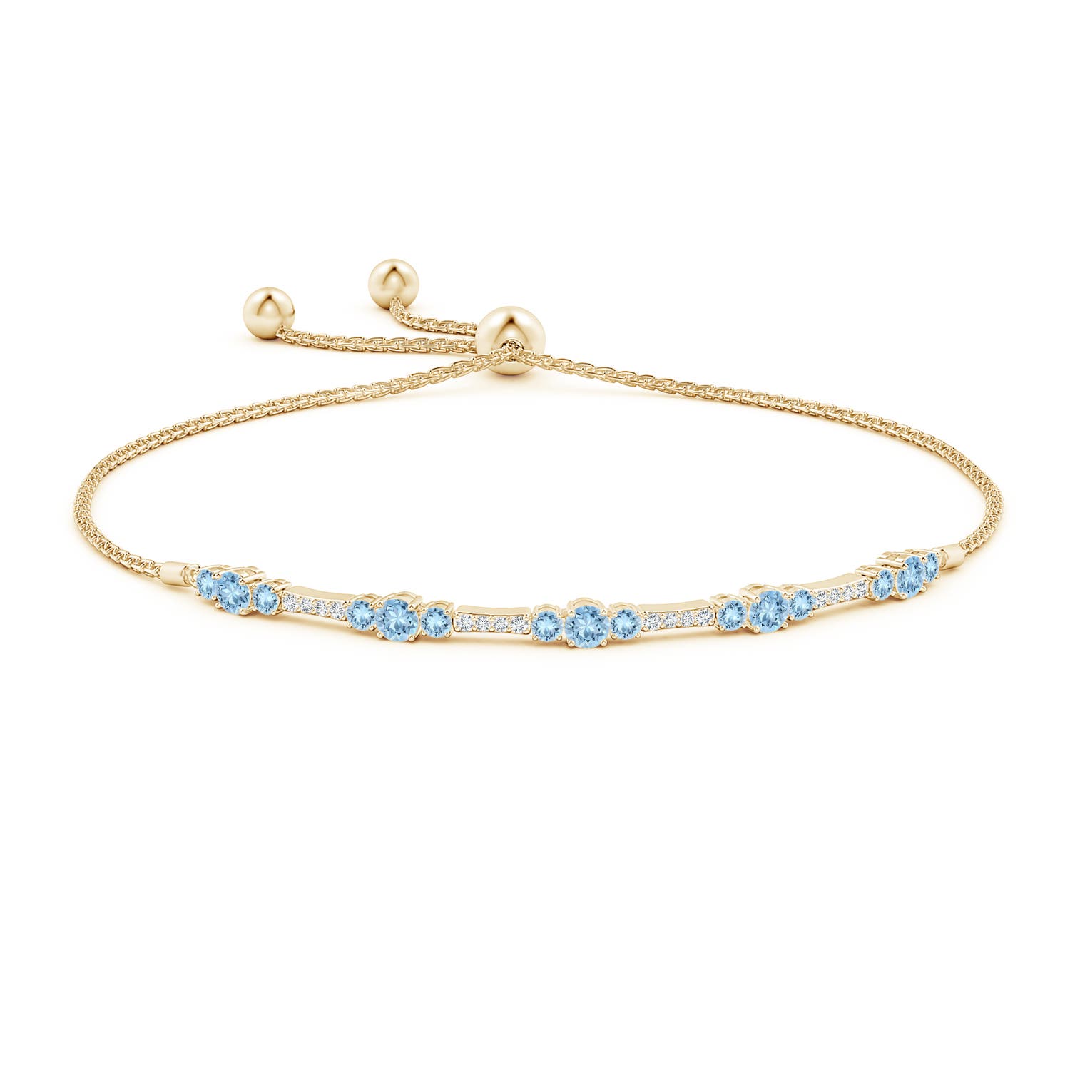 3.5mm AAA Round Aquamarine and Diamond Bolo Bracelet in Yellow Gold