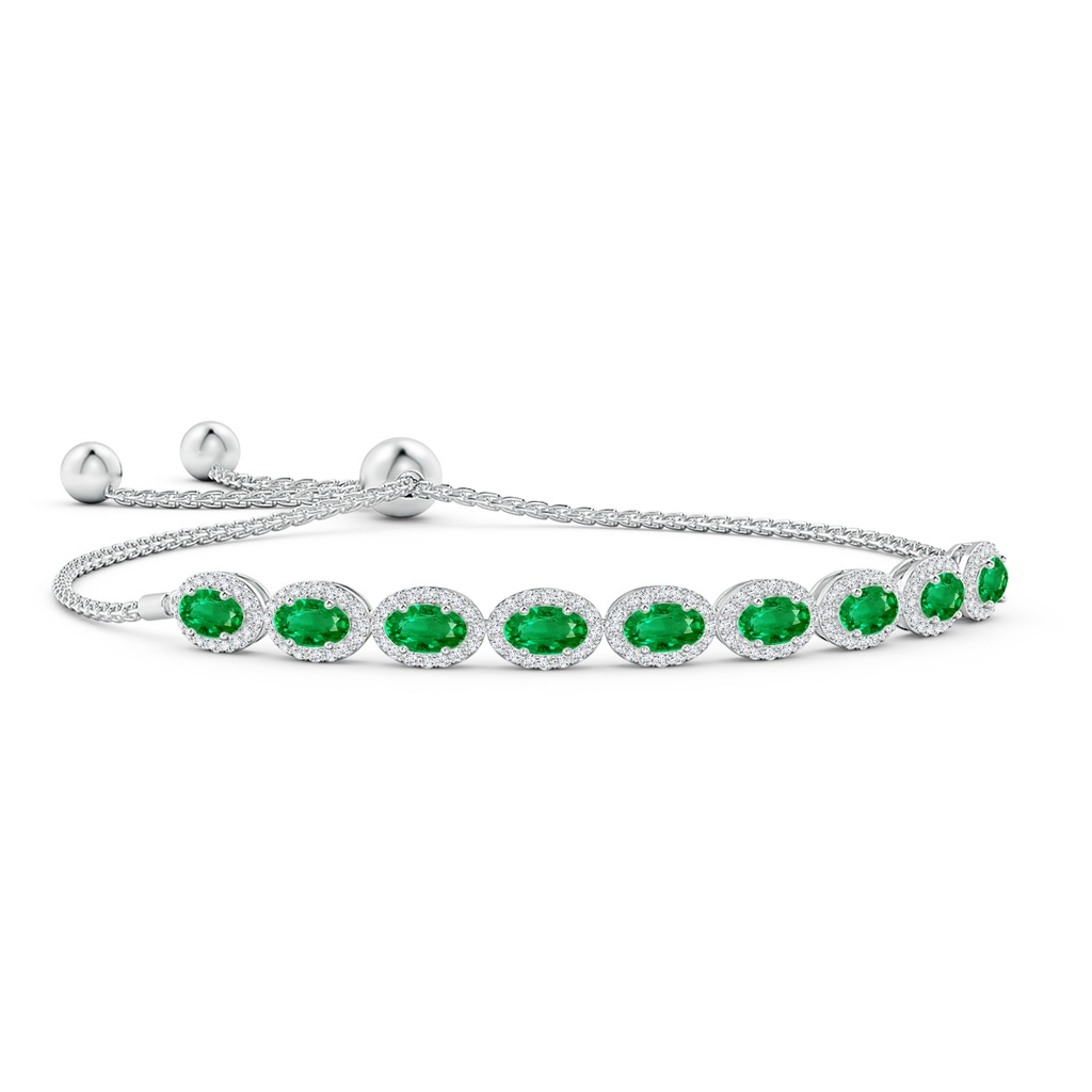 5x3mm AAA Oval Emerald Bolo Bracelet with Diamond Halo in White Gold