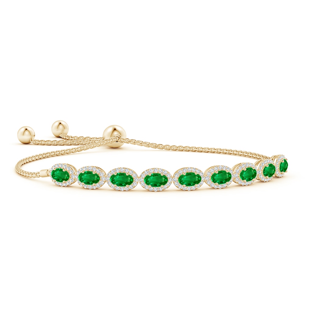 5x3mm AAAA Oval Emerald Bolo Bracelet with Diamond Halo in Yellow Gold