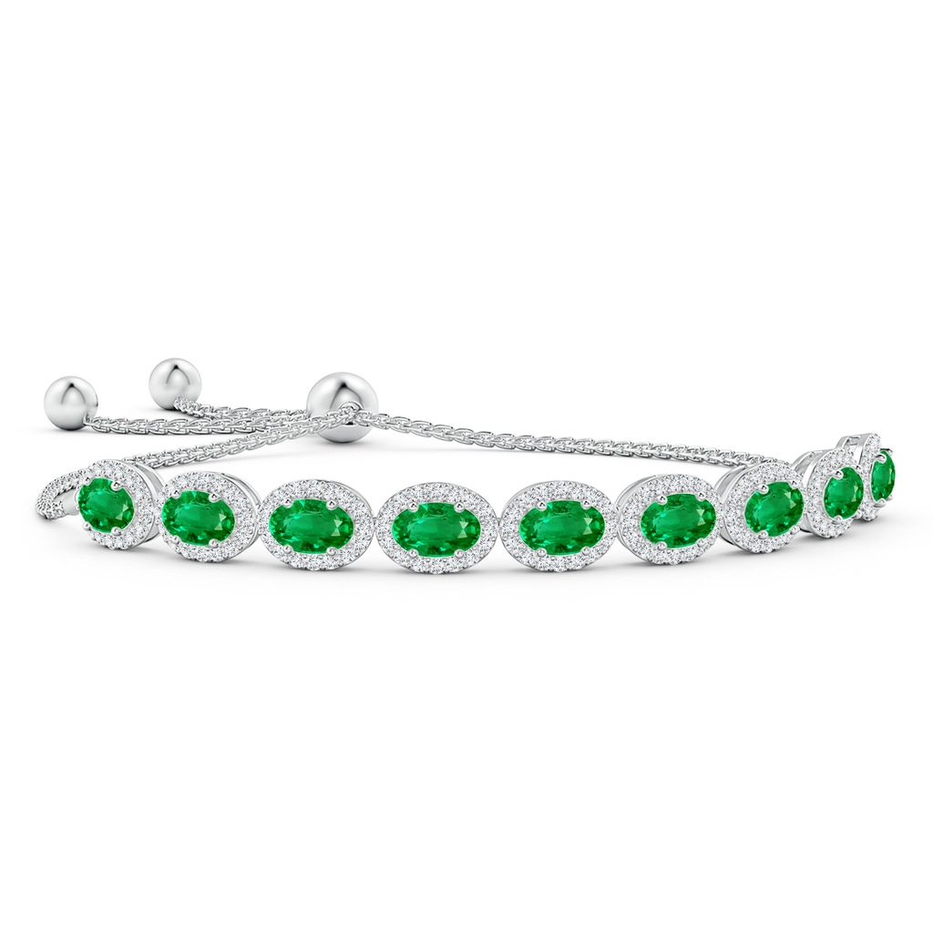 6x4mm AAA Oval Emerald Bolo Bracelet with Diamond Halo in White Gold 