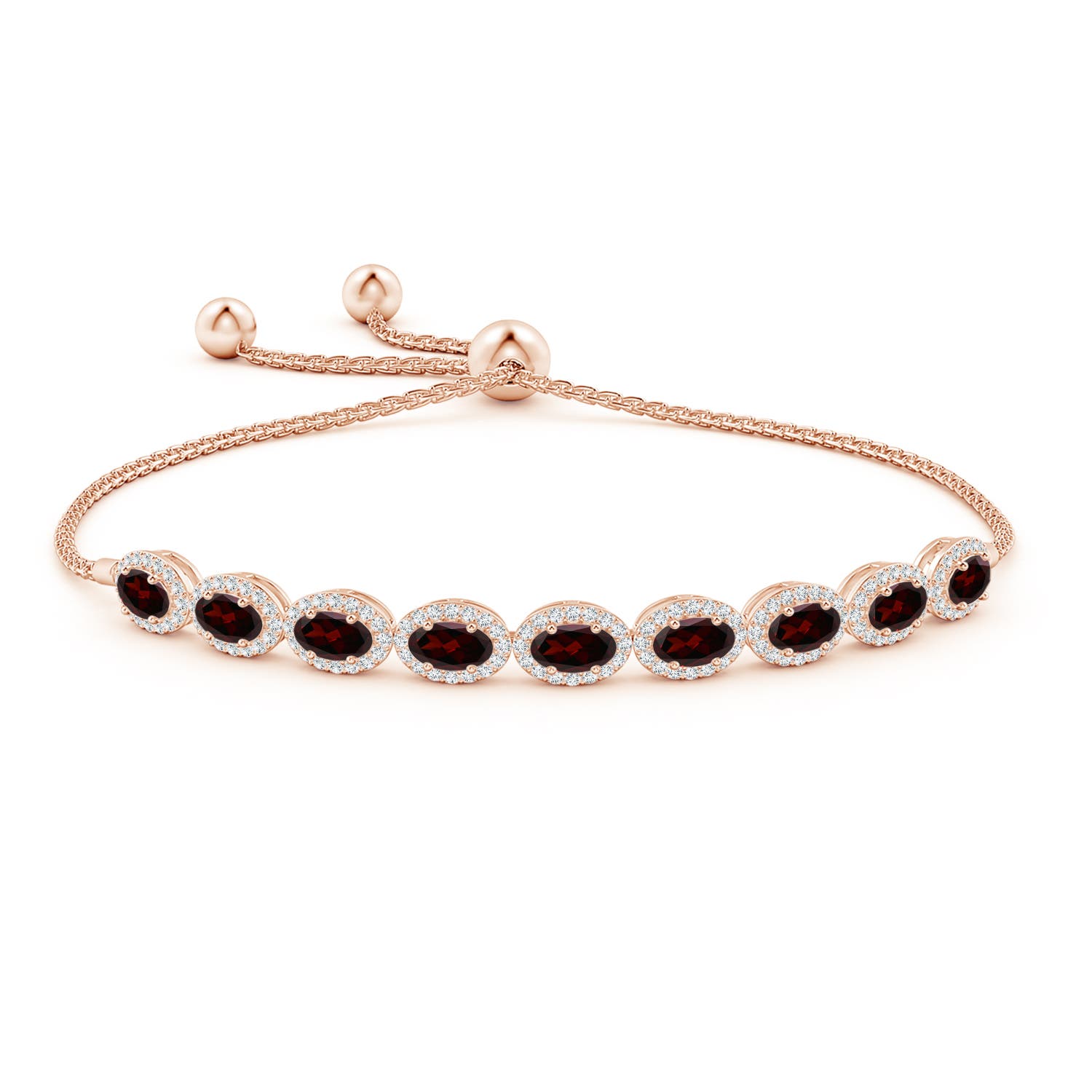 5x3mm A Oval Garnet Bolo Bracelet with Diamond Halo in Rose Gold