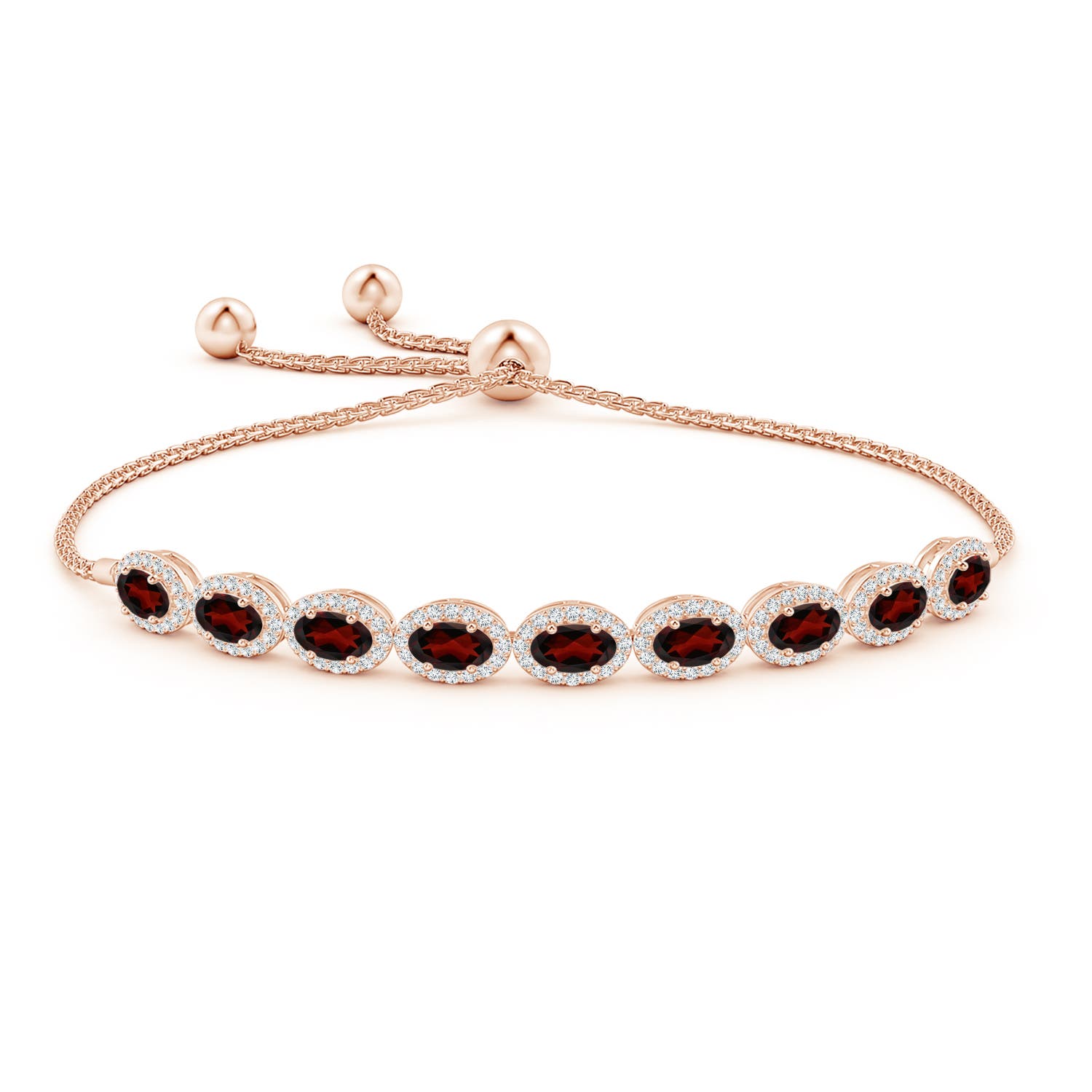 5x3mm AA Oval Garnet Bolo Bracelet with Diamond Halo in Rose Gold