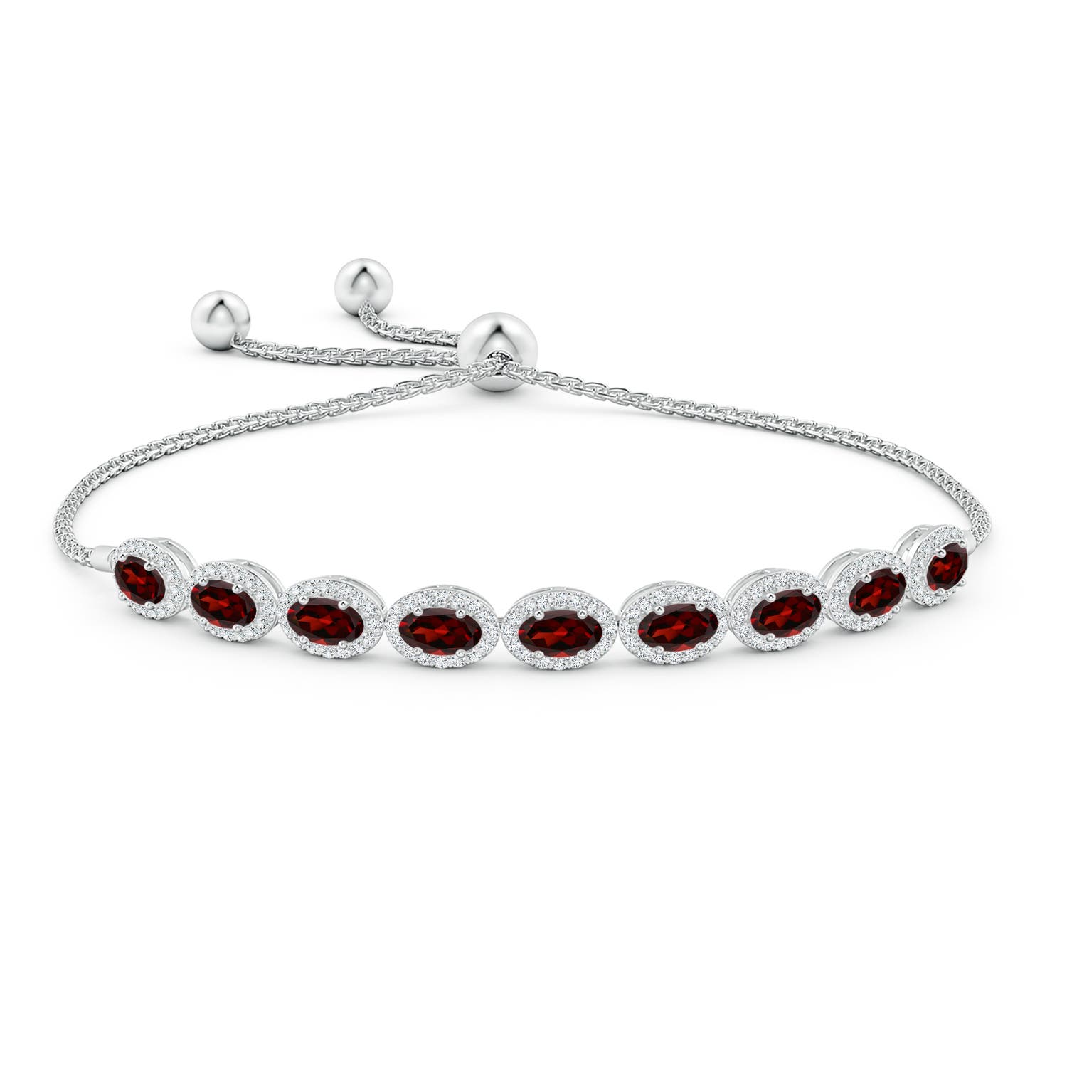 5x3mm AAA Oval Garnet Bolo Bracelet with Diamond Halo in White Gold - side 1