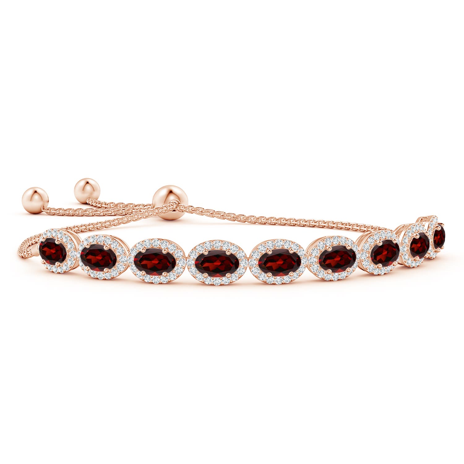 6x4mm AAA Oval Garnet Bolo Bracelet with Diamond Halo in Rose Gold
