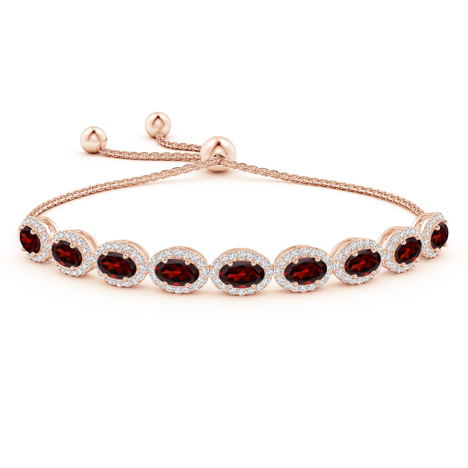 6x4mm AAA Oval Garnet Bolo Bracelet with Diamond Halo in Rose Gold