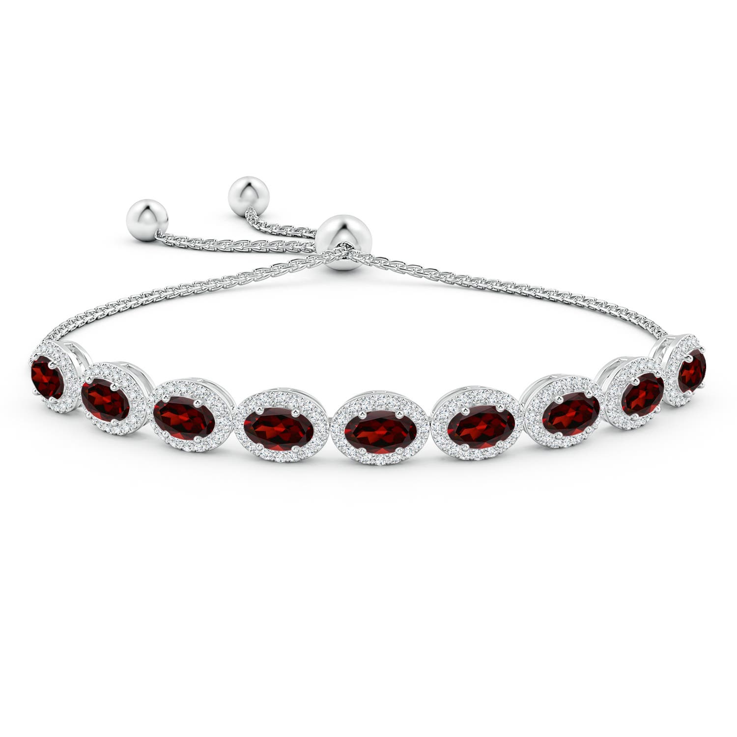 6x4mm AAA Oval Garnet Bolo Bracelet with Diamond Halo in White Gold